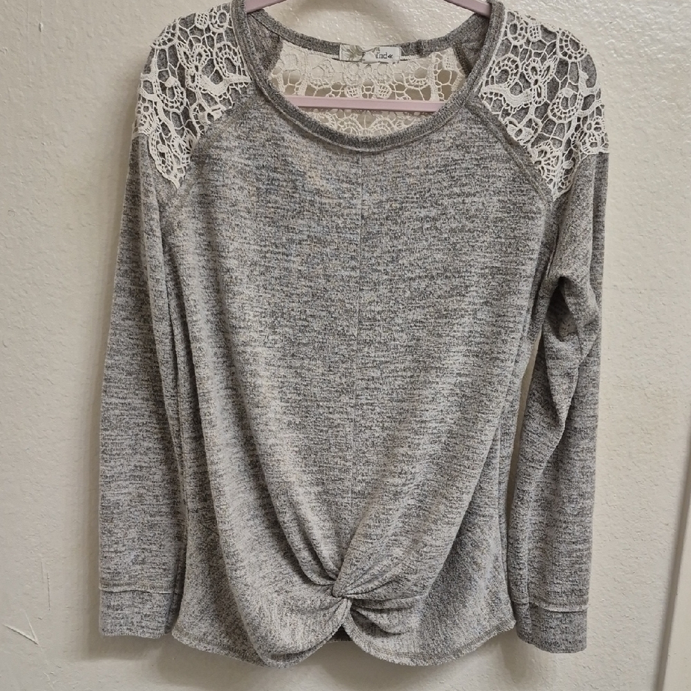 Rewind Gray Lace Shoulder Twist Sweatshirt